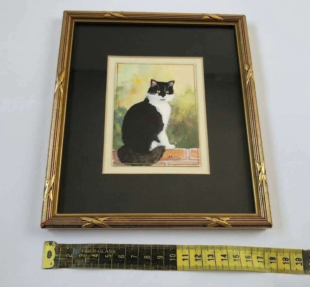 Vintage Tuxedo Cat Framed Painting Signed Mollie Black White Cat Wall Art Gold F