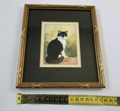 Vintage Tuxedo Cat Framed Painting Signed Mollie Black White Cat Wall Art Gold F