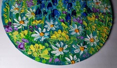 Meadow Flowers Daisies Bells Art Round Canvas 6×6” Impasto Oil Painting Original