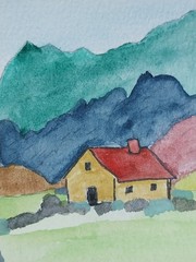 GAT Original Painting 4×4 Red Roof House Landscape Cottagecore Homedecor Art