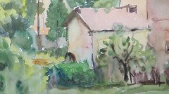 67X47 Cm Painting Vintage Watercolor Landscape View Of The Village P32