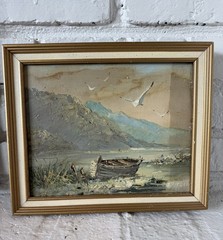 Original H Gailey Frame Oil Seascape Boat Sea Gulls Painting On Canvas Signed