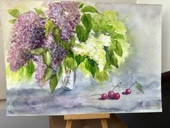 Summer Still Life Lilac and cherry Flowers in a vase still life Watercolor
