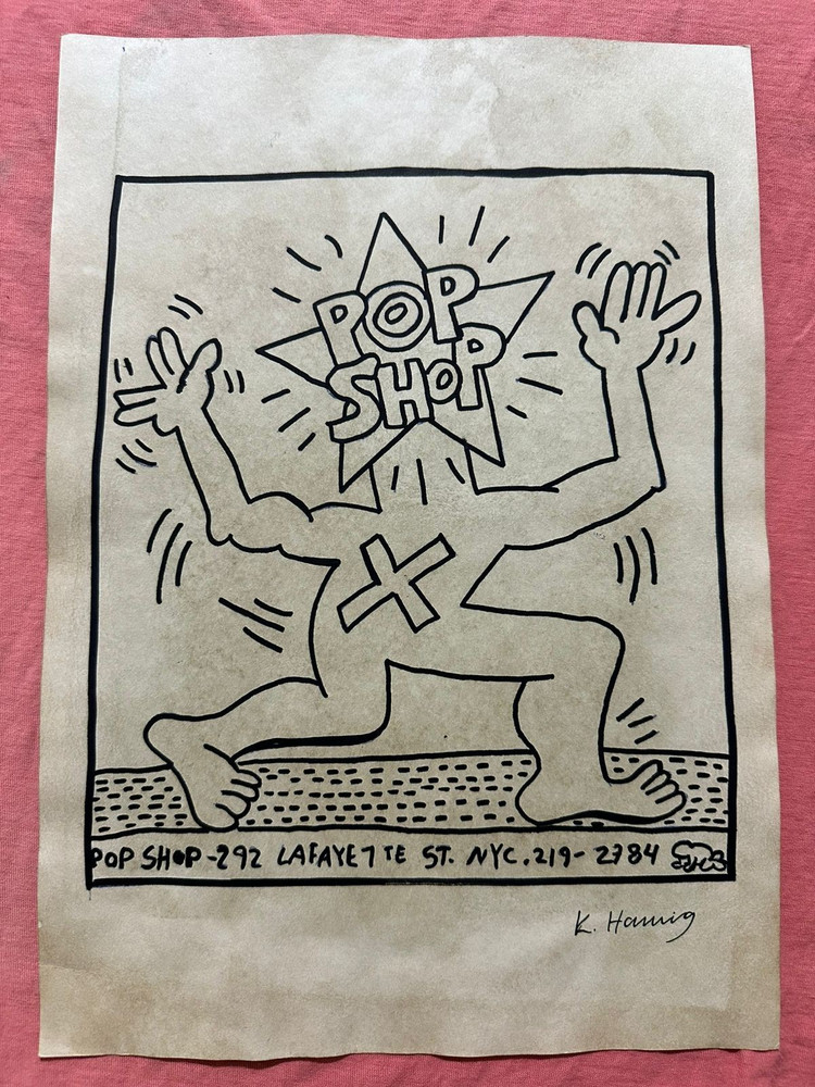 KEITH HARING – painting drawing 9.05 x 12.99 in on old paper signed stamped
