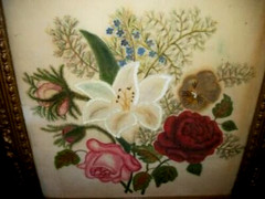 Americana 1870s Theorem Velvet Floral Painting Folk Art Old Wavy Glass Framed