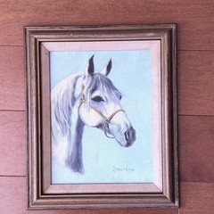 Vintage Painting White Horse On Blue Signed Wood Linen Frame 12″×10″