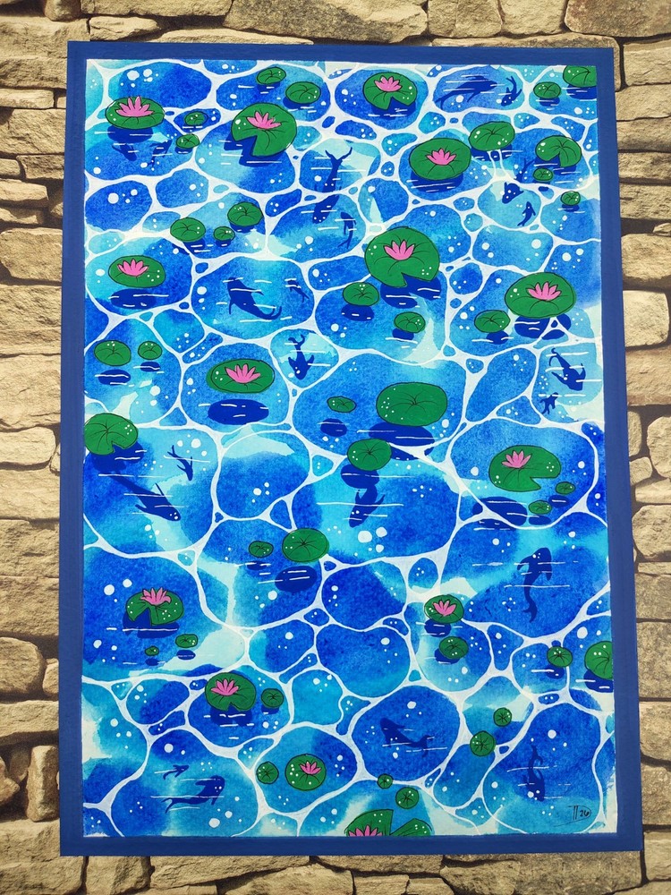 Original Painting 7×10 Water & Lilies Reflection Pond Watercolor & Acrylic