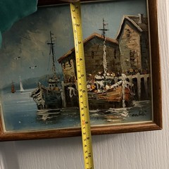 Vintage Mid Century Nautical Oil Painting Harbor Fishing Boats Harbor Scene