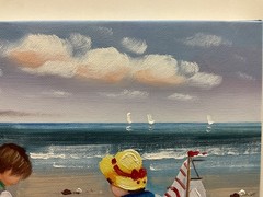 Oil Painting 8×10” Children playing in sand, sandcastles and toy boat, blue sky