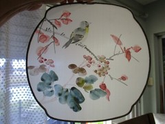 artist hand painted bird on cherry tree branch silk wall hanging 10 x 10 1/2