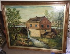 Folk Art Grist Mill Oil on Board Overshot Wheel CT Artist Dorothy E Bardin 1960s