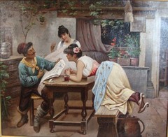 Antique 19C P Desalos Genre Family at Table O/C Painting