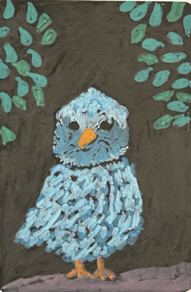Original ACEO Blue Owl Bird Folk Art Miniature Painting OOAK Artist Trading Card