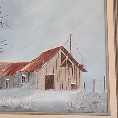 Winter Scene Country Barn Tree Snow Framed Painting 25×21 in Signed Jenny May