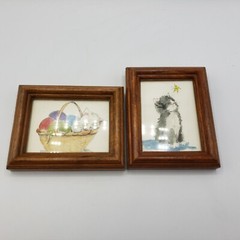 2 Miniature Watercolors Barbara Clark Framed Cats Kittens Butterfly Yarn Basket