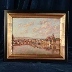 Charles Chabellard Panel Oil Painting: Old Bridge & Church, Yonne, France