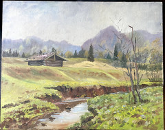 Oil Painting Spring Voralpen Meadows Alm Hut Bach River Shore Antique Mountains