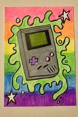 NEON ACEO Original Art Card Retro Gameboy Video game Acrylic Paint Atc Ooak Bros
