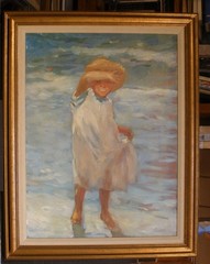 ORIGINAL NAUTICAL SEASIDE 24 x 18 OIL PAINTING OF YOUNG CHILD IN THE SURF