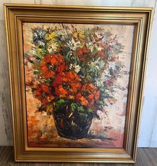 Vintage Floral Oil Painting – Signed “D. Tse” – Framed Palette Knife Artwork