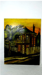 DAVID STATES ORIGINAL MCM GOTHIC FOLK ART OIL PAINTING ON SLATE 1960S SIGNED