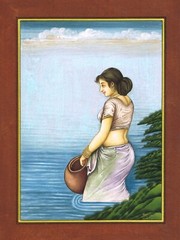 Indian Painting Of Woman With Water Pot In River Art On Paper 10.5×13.5 Inches