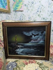 Vintage 20×24 Framed Original Coastal Night Lighthouse Ocean Oil Painting