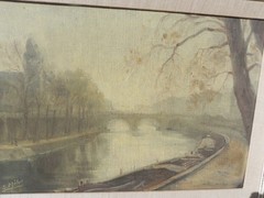 French School old impressionist painting Seine River bridges Paris signed Metot?