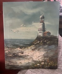 Vintage Canvas Brian Roche Seascape Lighthouse Coastal Original Oil Painting