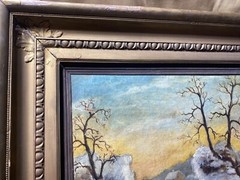 Large Antique „Winter Landscape With Figures Scene“ Oil Painting – Signed/Framed
