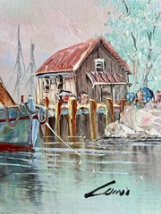 Vintage 1970’s Oil Painting Of Fishing Boats At Dock