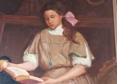 1930-40’s Beautiful Large Oil Painting „Reading Girl“ by Ruel P. Tolman