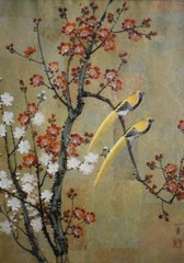 LOVELY HAND PAINTED SIGNED ASIAN WATERCOLOR PAINTING BIRDS AND FLORAL MOTIF #1