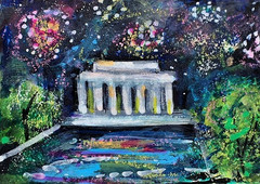 ACEO Original PAINTING Washington DC FIREWORKS Night Building Landscape ATC ART