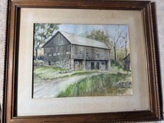 Vintage Esther Haslam Framed Watercolor Barn Landscape Scene Tiered Wood Frame
