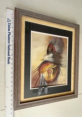 Vintage 1979 SIGNED K Loud Native American Warrior with Eagle FRAMED yellow gray