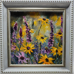 Original oil painting with autograph in frame. Wildflowers. Landscape. 4×4 inche