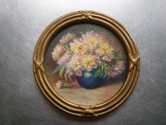 Painting Oil Miniature Round Bouquet of Flowers c-1930 Still Life 5 1/2in