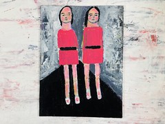 Twins Girls Figure Painting Children Walking to School Pink & Gray Art Miz Katie