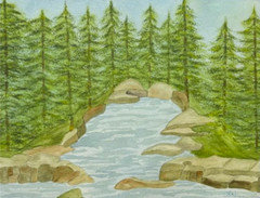 PAINTING WATERCOLOR 11X14 DOUBLE WHITE MAT 16X20 TREES EVERGREEN POND LANDSCAPE