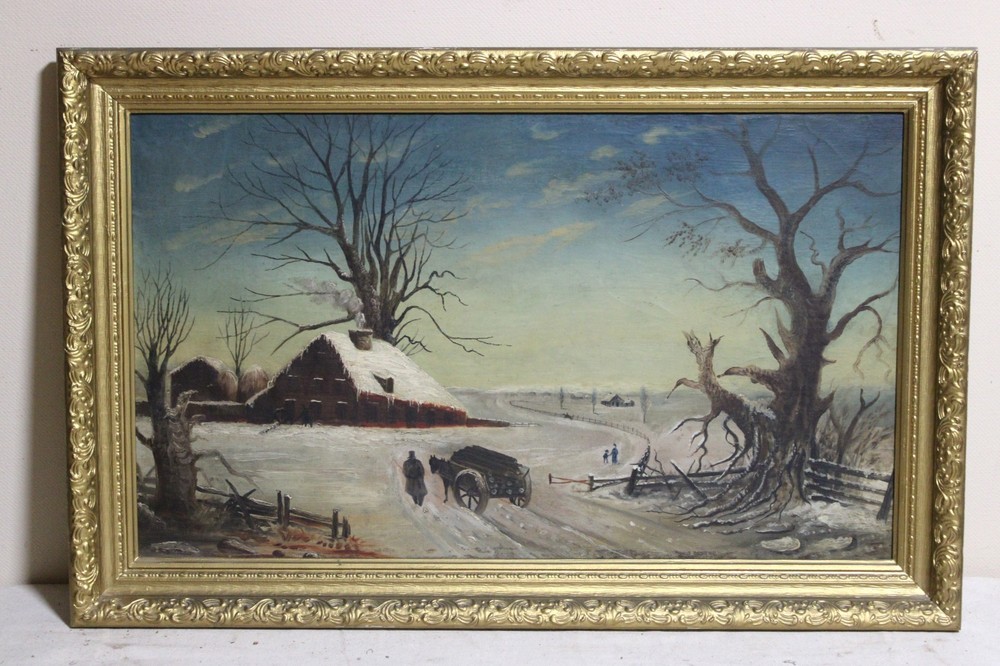 19thC ANTIQUE OIL PAINTING HORSE CART MOTHER CHILD COUNTRY LANDSCAPE GILT FRAME