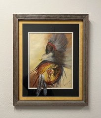 Vintage 1979 SIGNED K Loud Native American Warrior with Eagle FRAMED yellow gray