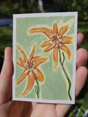 OOAK ACEO Original Floral Painting Orange Wildflowers Mini Acrylic Botanical Art
