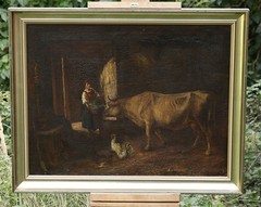 München 1863 Antique Oil Painting Signed OOAK Farm Woman With Cow In Barn Framed