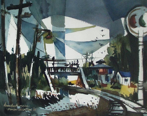 VIVIAN CHEVILLON IMPRESSIONIST CUBIST RAILROAD „KENNEBUNK, MAINE“ WATE
