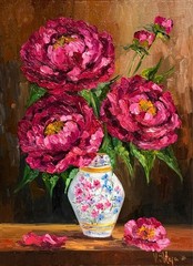 Original Oil Painting Pink Peonies Flowers Still life Vintage Vase Art 12×16 in