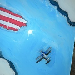 Puerto Rico Flag & Airplane Folk Art Painting, Sky Clouds, Patriotic Aviation