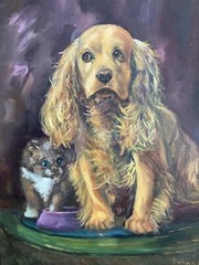 Vintage Signed Oil Painting Cocker Spaniel Original Portrait Gold Leaf Frame Dog