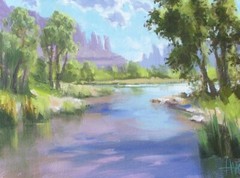 TOM HAAS painting ‚Valley Oasis‘ oil 9×12 Arizona Sedona river desert mountains