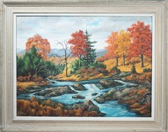Vintage Fall Landscape Oil Painting Hal Sautter Mountain River Waterfalls 31×39″